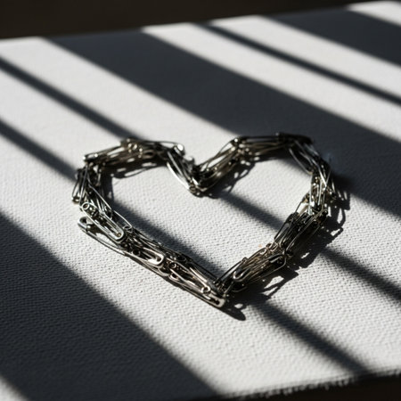 Small, used safety pins clustered on canvas, casting a harsh heart-shaped shadow. Low angle, cinematの素材