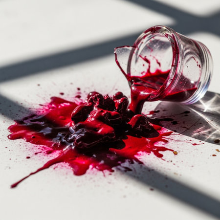 Extreme close-up of vibrant red ink spilled onto textured white parchment paper, showing saturationの素材