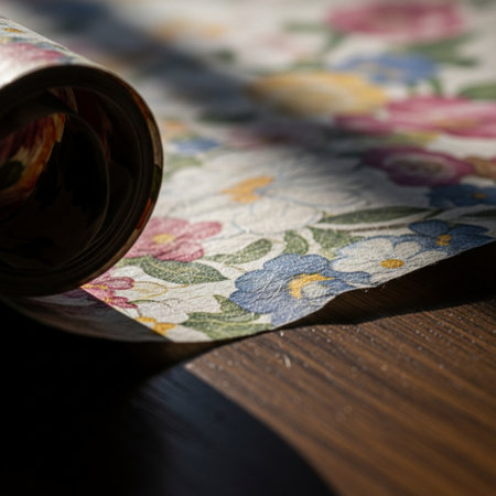 Macro detail of traditional floral wrapping paper, partially unrolled under harsh sunlight and windoの素材