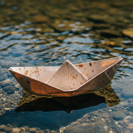Extreme close-up of a scratched, worn paper boat floating in a clear stream under harsh sunlight.の素材