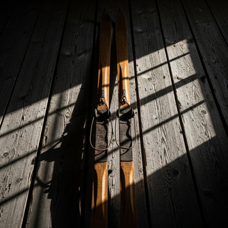 Antique wooden skis with leather straps resting vertically on a rustic, weathered barn wall in harshの素材