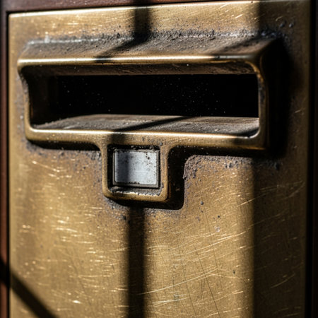 Exterior view of a heavily scratched, antique brass post box slot, slightly ajar, hit by harsh sunliの素材