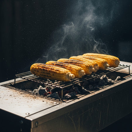 Cinematic Dutch angle shot of corn cobs charring over glowing hot coals on a rustic, scratched rack.の素材