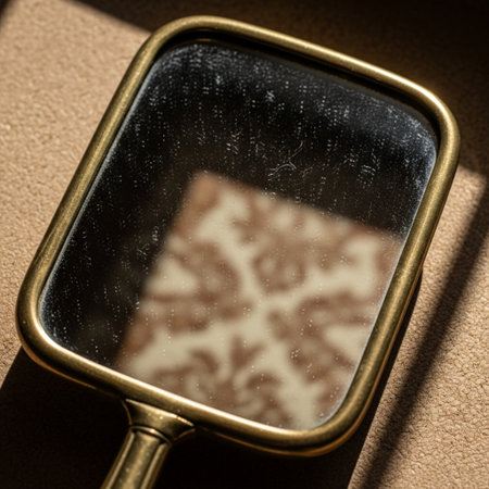 Extreme macro shot of a dusty hand mirror reflecting only ornate, vintage floral wallpaper.の素材