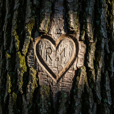 Hyper-detailed photo of a large, stylized heart carving in the deeply fissured bark of an old oak trの素材