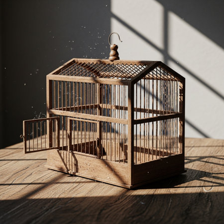 Empty, dusty wooden birdcage with the wire door left ajar, lit by harsh window sunlight and shadows.の素材
