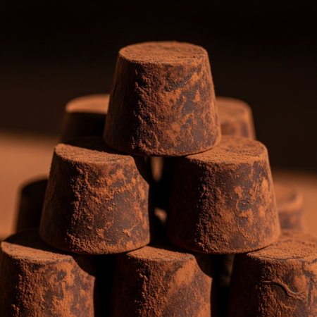 Extreme close-up macro shot of a perfect pyramid of luxurious dark chocolate truffles dusted with coの素材