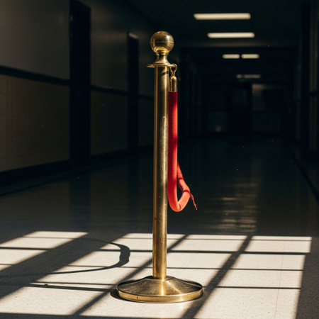 Scratched brass stanchion and red velvet rope standing isolated in a long, sunlit, empty hallway.の素材