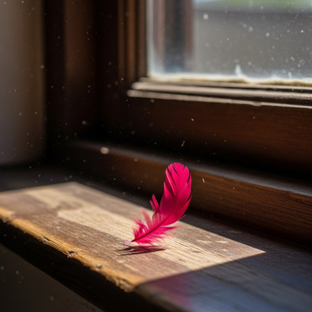 A crimson feather on a dusty, scratched windowsill, disturbed slightly by a subtle breeze in harsh sの素材