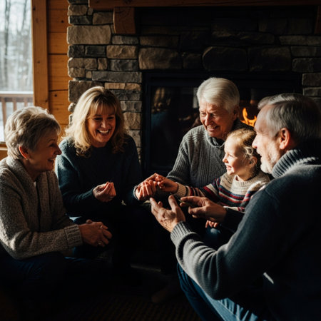 Family gathered around a fireplace in winter sunlight, telling stories and laughing candidly.の素材