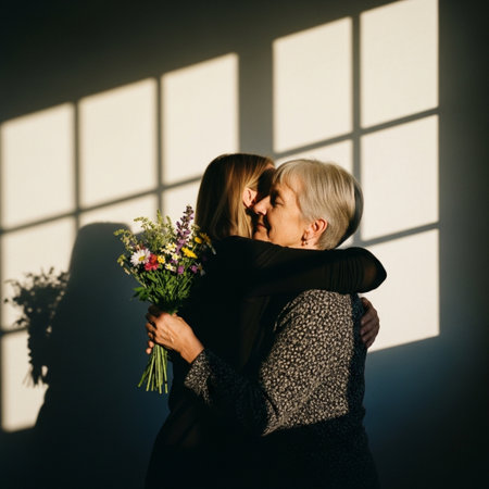 Daughter giving her mother a heartfelt hug and flowers. Dramatic side profile silhouette with harshの素材