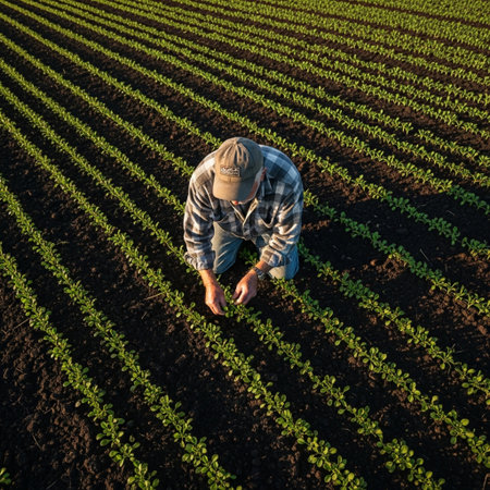 Weathered farmer inspecting geometric rows of new crop sprouts from a high-angle perspective in harsの素材