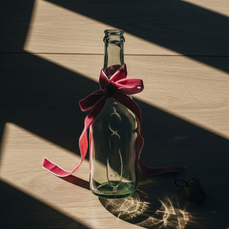 High-angle, top-down view of a dusty glass cider bottle wrapped with a pink velvet ribbon under harsの素材