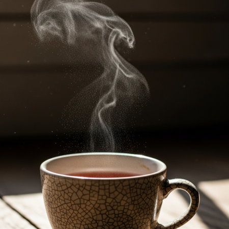 Vapor trail rising from a scratched ceramic cup of rosehip tea in harsh sunlight. Extreme macro detaの素材