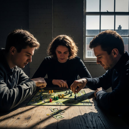 Friends playing high-stakes board game indoors, dramatic cinematic lighting with harsh window shadowの素材