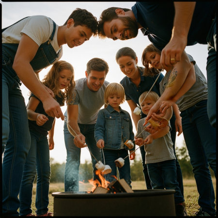 Candid low angle shot of a multi-generational family enjoying s'mores around a campfire pit under haの素材
