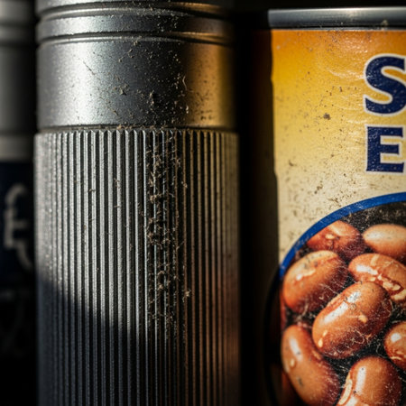 Extreme macro detail of an emergency kit: focusing on a dusty flashlight and a canned food item in hの素材