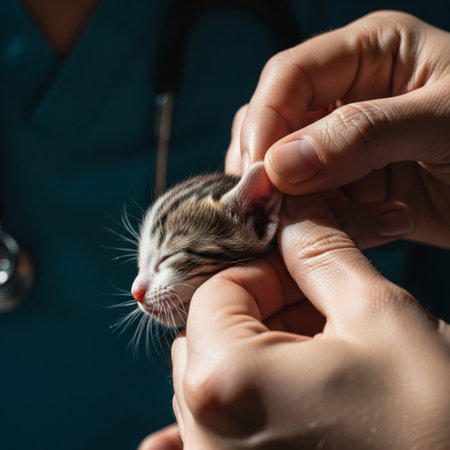 Extreme macro detail of a veterinarian's hand gently examining a kitten during a health checkup undeの素材