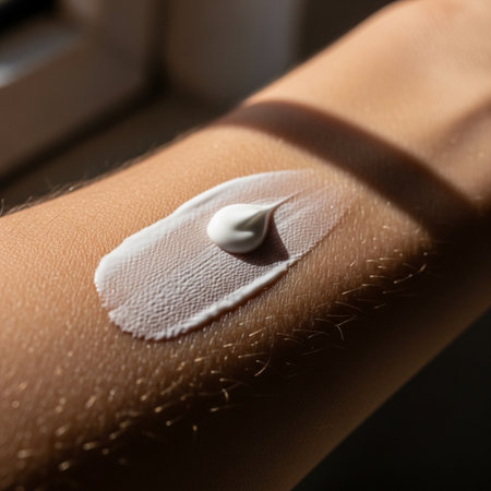 Extreme close-up of thick white sunscreen being rubbed onto skin, showing texture and pores in harshの素材
