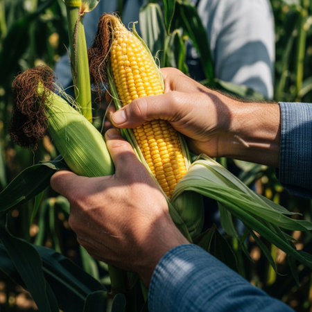Close-up, cinematic Dutch angle of hands picking ripe sweet corn in a sun-drenched agricultural fielの素材