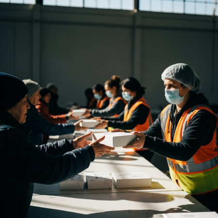 Volunteer handing a pre-packaged meal to a person waiting in line at a busy community food bank distの素材