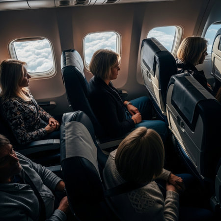 High angle cinematic view of passengers looking out an airplane window at clouds, bathed in harsh suの素材