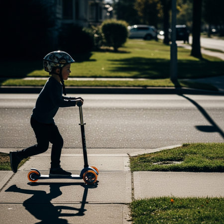 Excited young child wearing a safety helmet rides a scooter down a sun-drenched suburban sidewalk.の素材