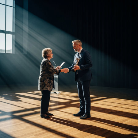 Candid wide-angle shot of a recipient shaking hands with a presenter on stage, harsh sunlight and shの素材