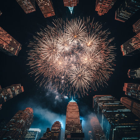 Colorful fireworks explode dramatically over a metropolitan city skyline at night, cinematic low angの素材