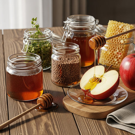 Detailed cinematic shot of various honeys and a traditional apple slice on a rustic table for Rosh Hの素材