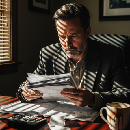 Dutch angle photo of a tax preparer intensely focused on dense paperwork, calculator, and coffee, liの素材