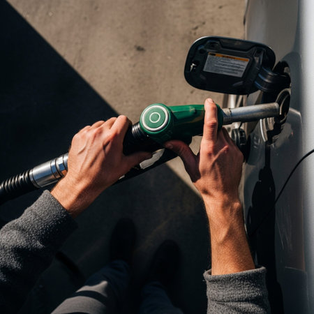 Person's hand operating a fuel pump nozzle, high angle top-down view at a gas station under harsh suの素材