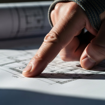 Extreme macro detail of a construction engineer pointing at blueprints under harsh light.の素材