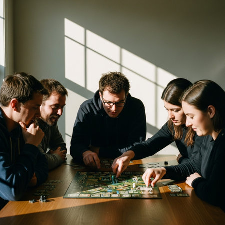Diverse friends playing a board game indoors, captured with harsh sunlight and cinematic shadows.の素材