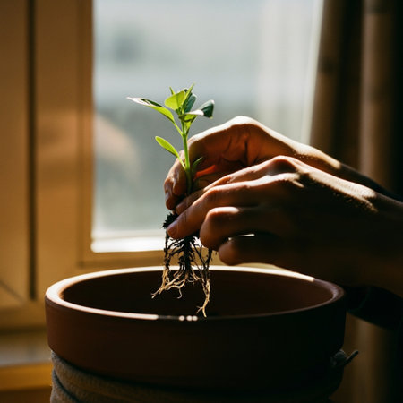 Side profile silhouette close-up of hands transplanting a small seedling into a terracotta pot underの素材