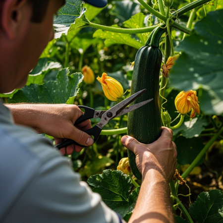 Over-the-shoulder view of a person harvesting large zucchini squash from a dense, productive late-suの素材
