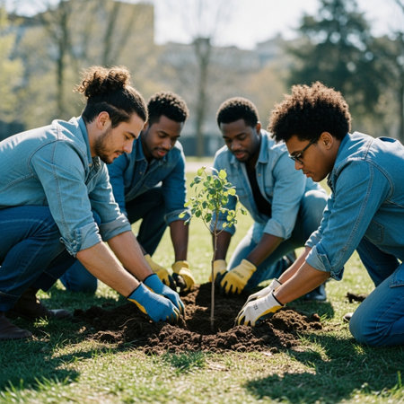 Volunteers planting a sapling in a park, focusing on teamwork and environmental sustainability.の素材