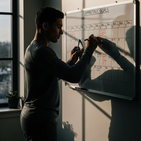 Person writing ambitious fitness goals on a large whiteboard calendar with dramatic window light.の素材