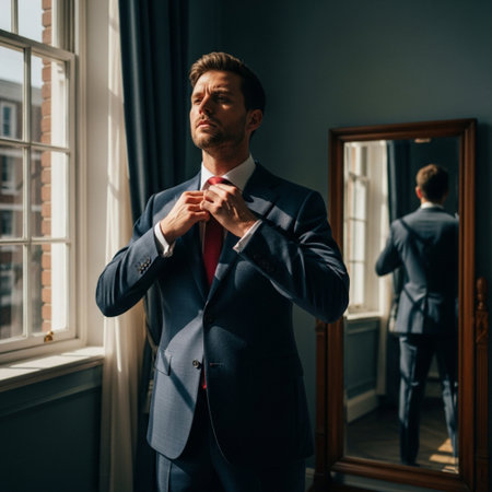 Cinematic wide angle shot of a man adjusting his tie in front of a mirror, preparing for an importanの素材