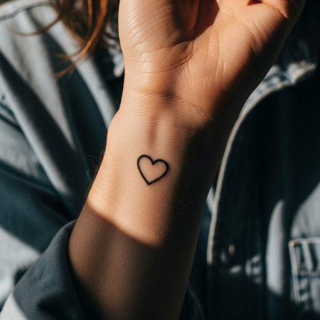 Cinematic close-up of a minimalist temporary heart outline tattoo on a person's inner wrist, high coの素材