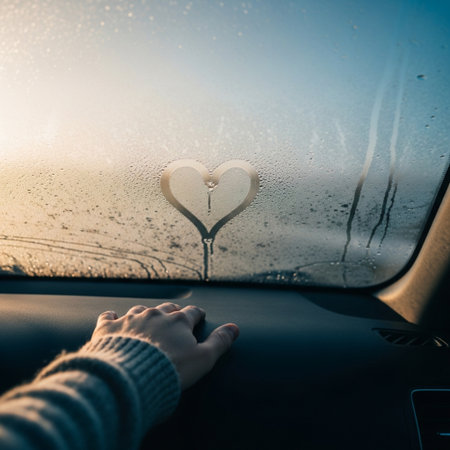 Heart shape drawn in heavy condensation on a cold car window under harsh sunlight, cinematic POV.の素材