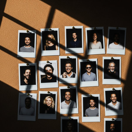 High-angle, top-down cinematic photo of a corkboard collage covered in realistic instant camera photの素材