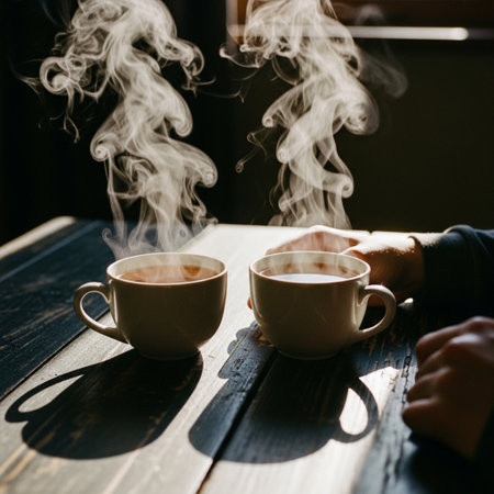 Over-the-shoulder POV of two steaming herbal tea cups on a dark wooden table under harsh window lighの素材