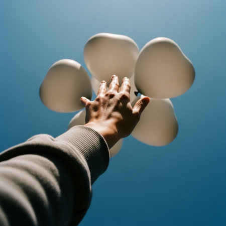 Human hand releasing heart-shaped biodegradable balloons into a bright, harsh sunny sky. Cinematic lの素材