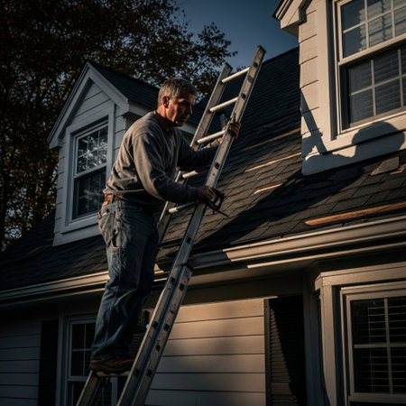Homeowner repairing roofing shingles on a suburban house before the onset of winter weather.の素材