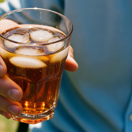 Macro detail of hand holding iced tea under harsh sunlight during a casual Labor Day outdoor picnic.の素材