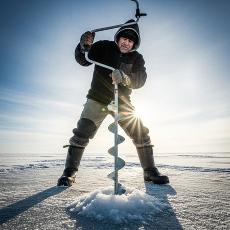 Person drilling a hole in the frozen lake ice for winter fishing under harsh sun.の素材