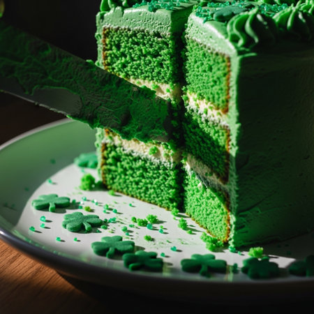 Extreme macro close-up of a green layered cake being sliced under harsh sunlight, surrounded by shamの素材