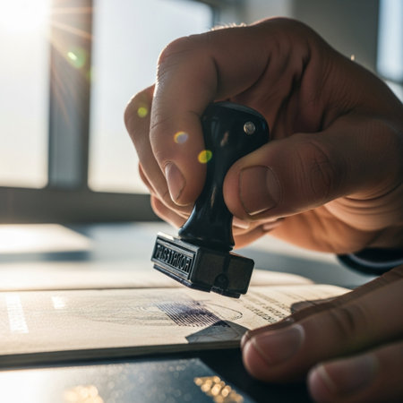Extreme close-up of an official's hand stamping a passport at an airport immigration desk.の素材