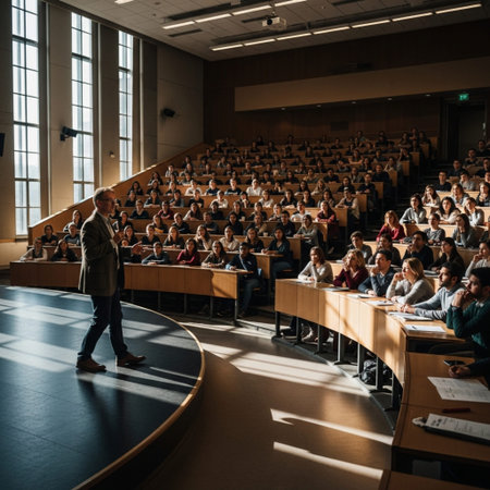 Enthusiastic professor lecturing to a large, diverse class in a sunlit university lecture hall.の素材